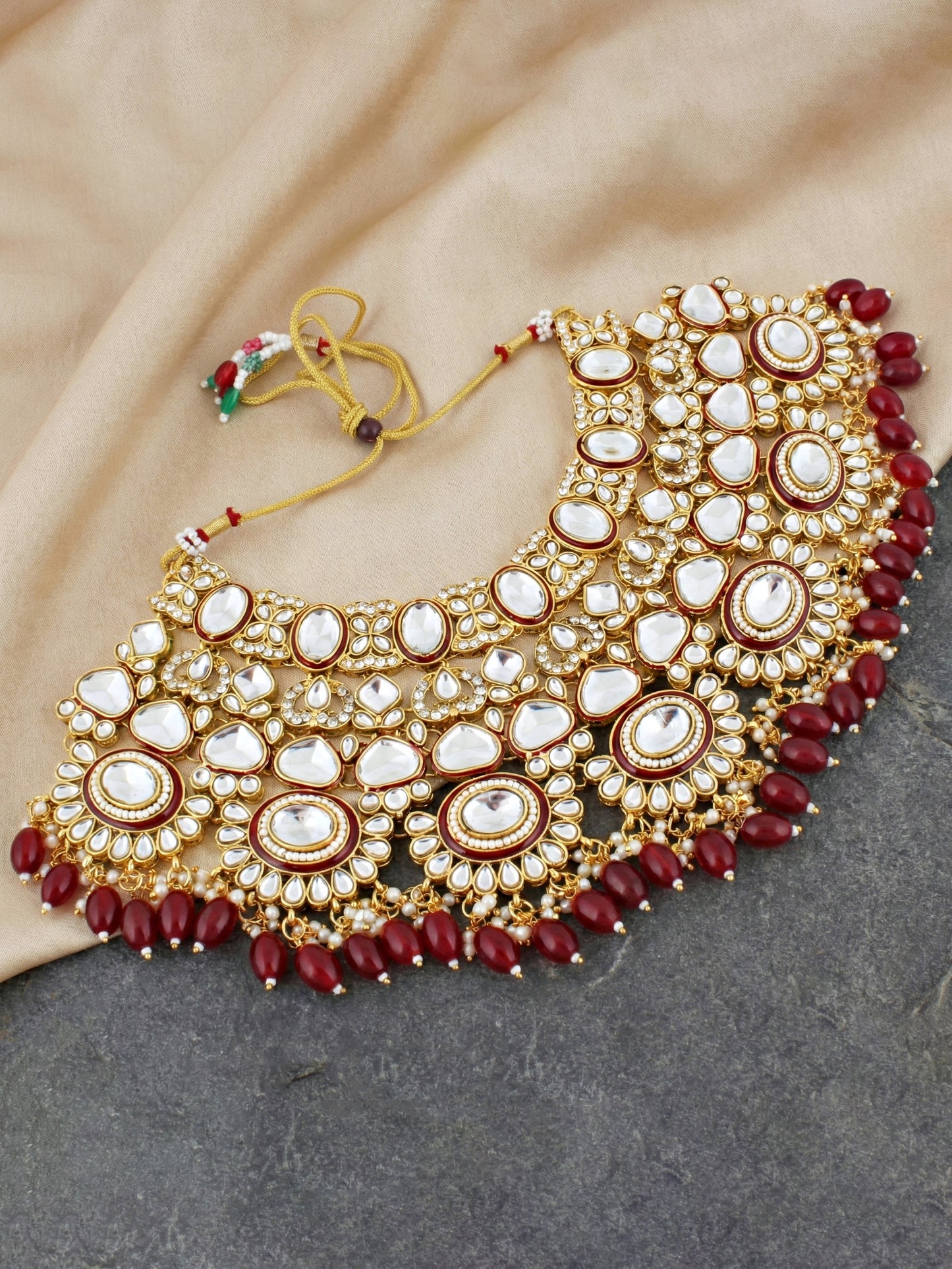 LUCKY JEWELLERY Traditional Kundan Maroon Jewellery Set | Bridal Style Royal Ethnic Necklace Set (4125-IZR-2414-M)