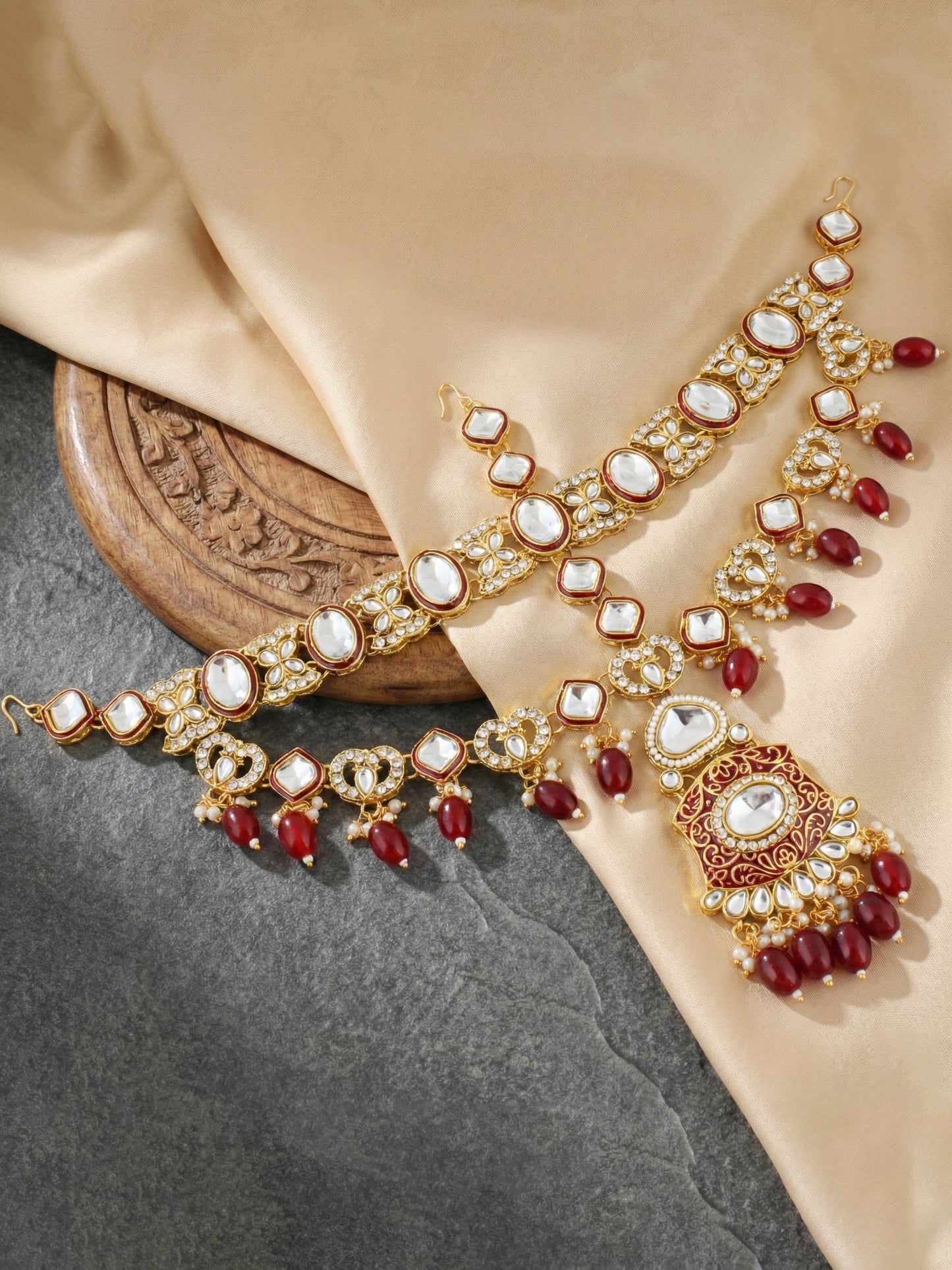 LUCKY JEWELLERY Traditional Kundan Maroon Jewellery Set | Bridal Style Royal Ethnic Necklace Set (4125-IZR-2414-M)