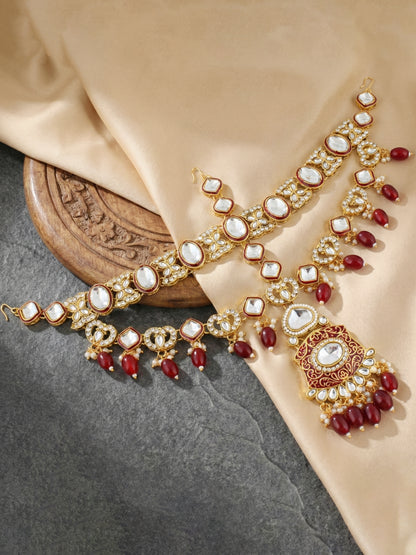 LUCKY JEWELLERY Traditional Kundan Maroon Jewellery Set | Bridal Style Royal Ethnic Necklace Set (4125-IZR-2414-M)