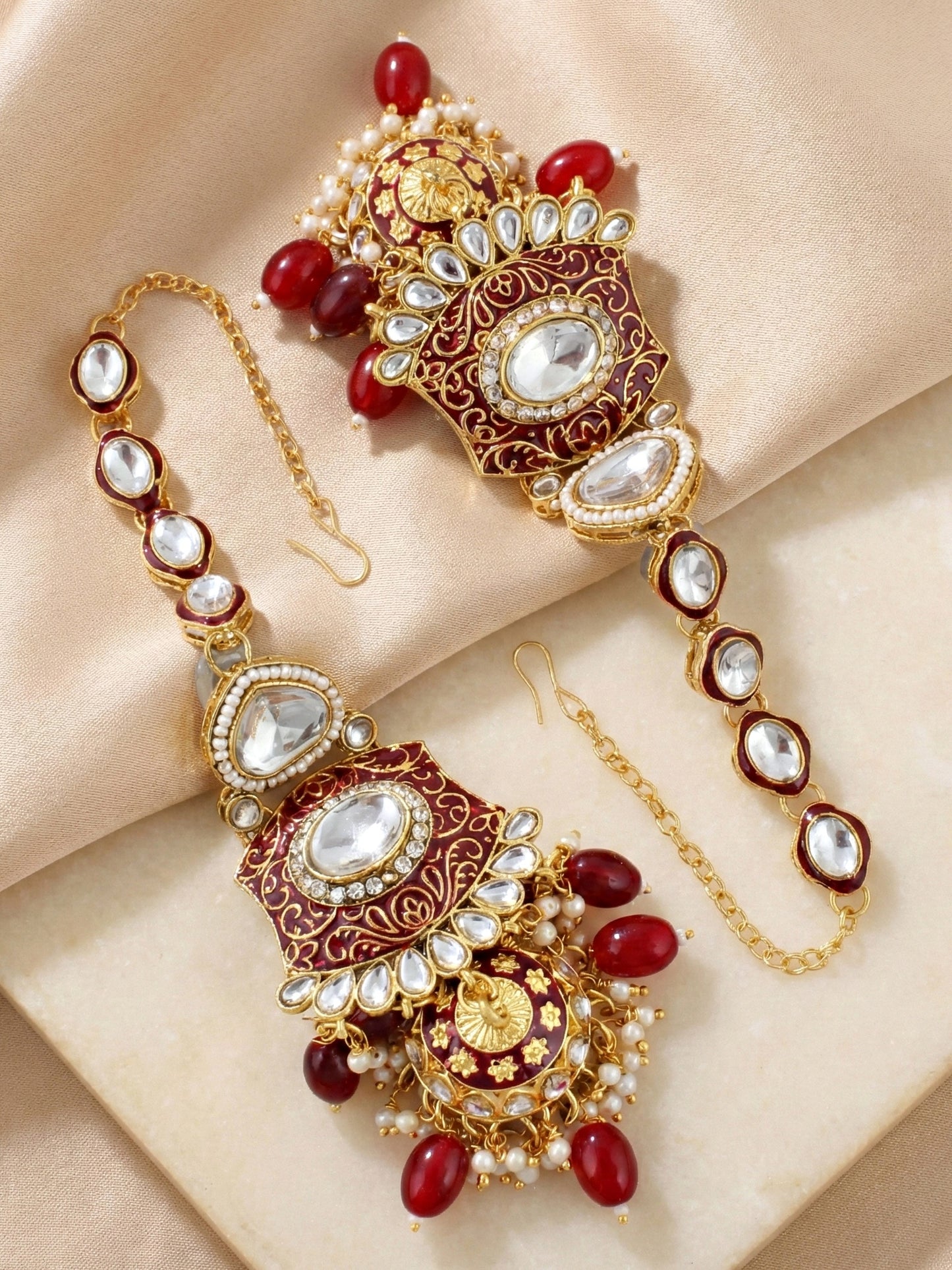 LUCKY JEWELLERY Traditional Kundan Maroon Jewellery Set | Bridal Style Royal Ethnic Necklace Set (4125-IZR-2414-M)