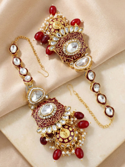 LUCKY JEWELLERY Traditional Kundan Maroon Jewellery Set | Bridal Style Royal Ethnic Necklace Set (4125-IZR-2414-M)