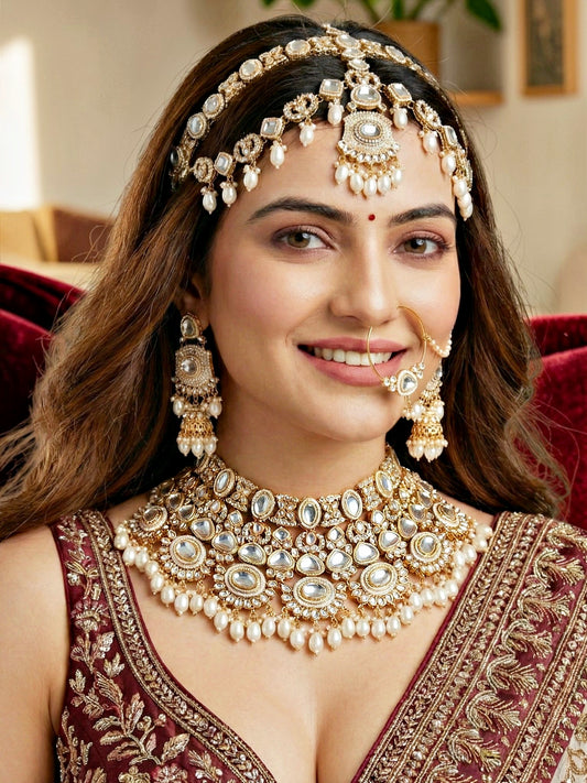 LUCKY JEWELLERY Traditional Kundan White Jewellery Set | Bridal Style Royal Ethnic Necklace Set (4125-IZR-2414-W)