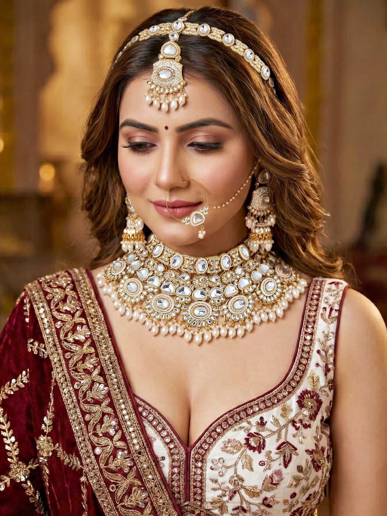 LUCKY JEWELLERY Traditional Kundan White Jewellery Set | Bridal Style Royal Ethnic Necklace Set (4125-IZR-2414-W)