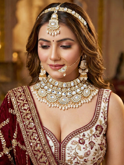 LUCKY JEWELLERY Traditional Kundan White Jewellery Set | Bridal Style Royal Ethnic Necklace Set (4125-IZR-2414-W)