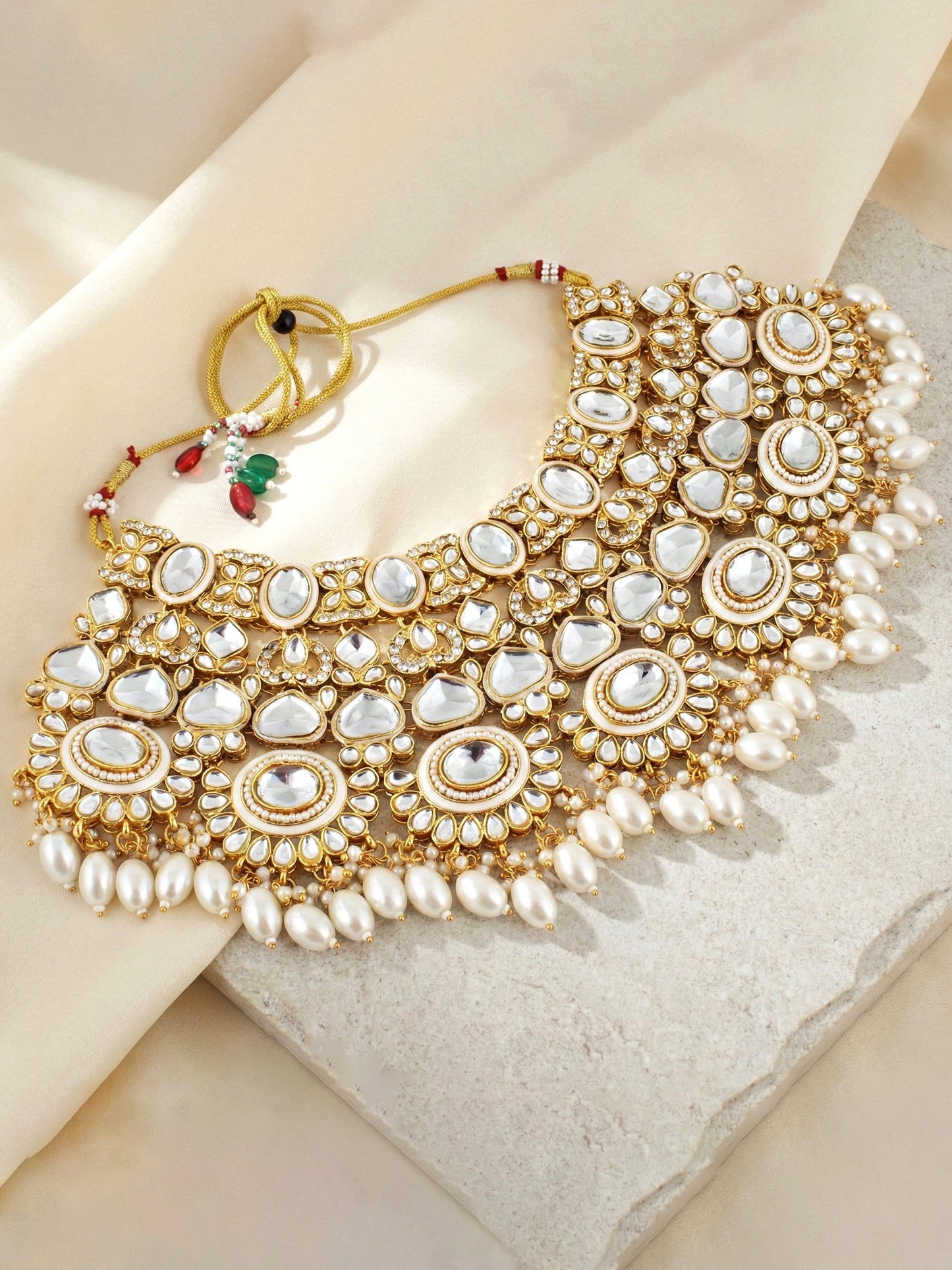 LUCKY JEWELLERY Traditional Kundan White Jewellery Set | Bridal Style Royal Ethnic Necklace Set (4125-IZR-2414-W)
