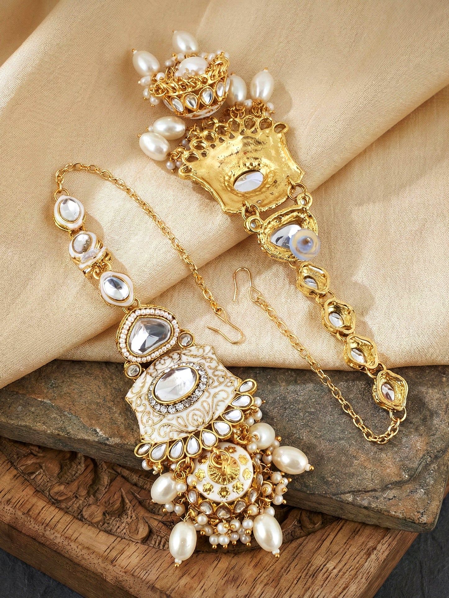 LUCKY JEWELLERY Traditional Kundan White Jewellery Set | Bridal Style Royal Ethnic Necklace Set (4125-IZR-2414-W)