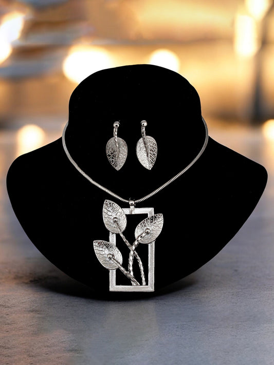 Trendy Oxidised Jewelry Necklace with Earrings Leaf Design Pendant and Earring Set For Women & Girls   (416-KSO-14730-BL)