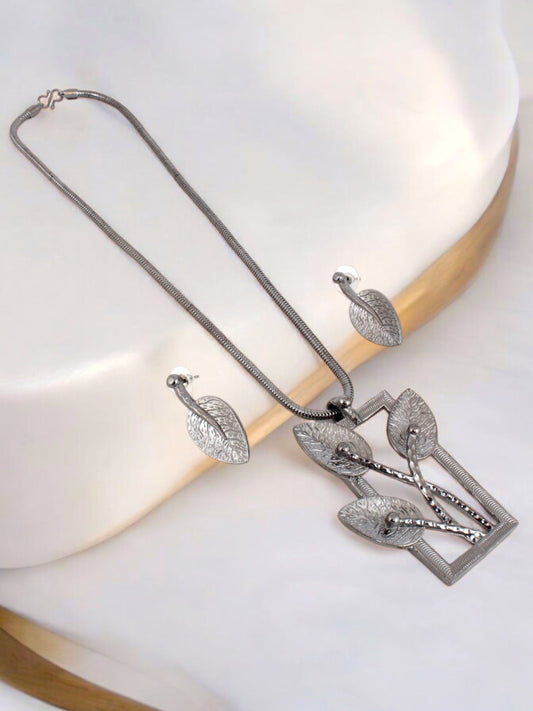 Trendy Oxidised Jewelry Necklace with Earrings Leaf Design Pendant and Earring Set For Women & Girls   (416-KSO-14730-BL)
