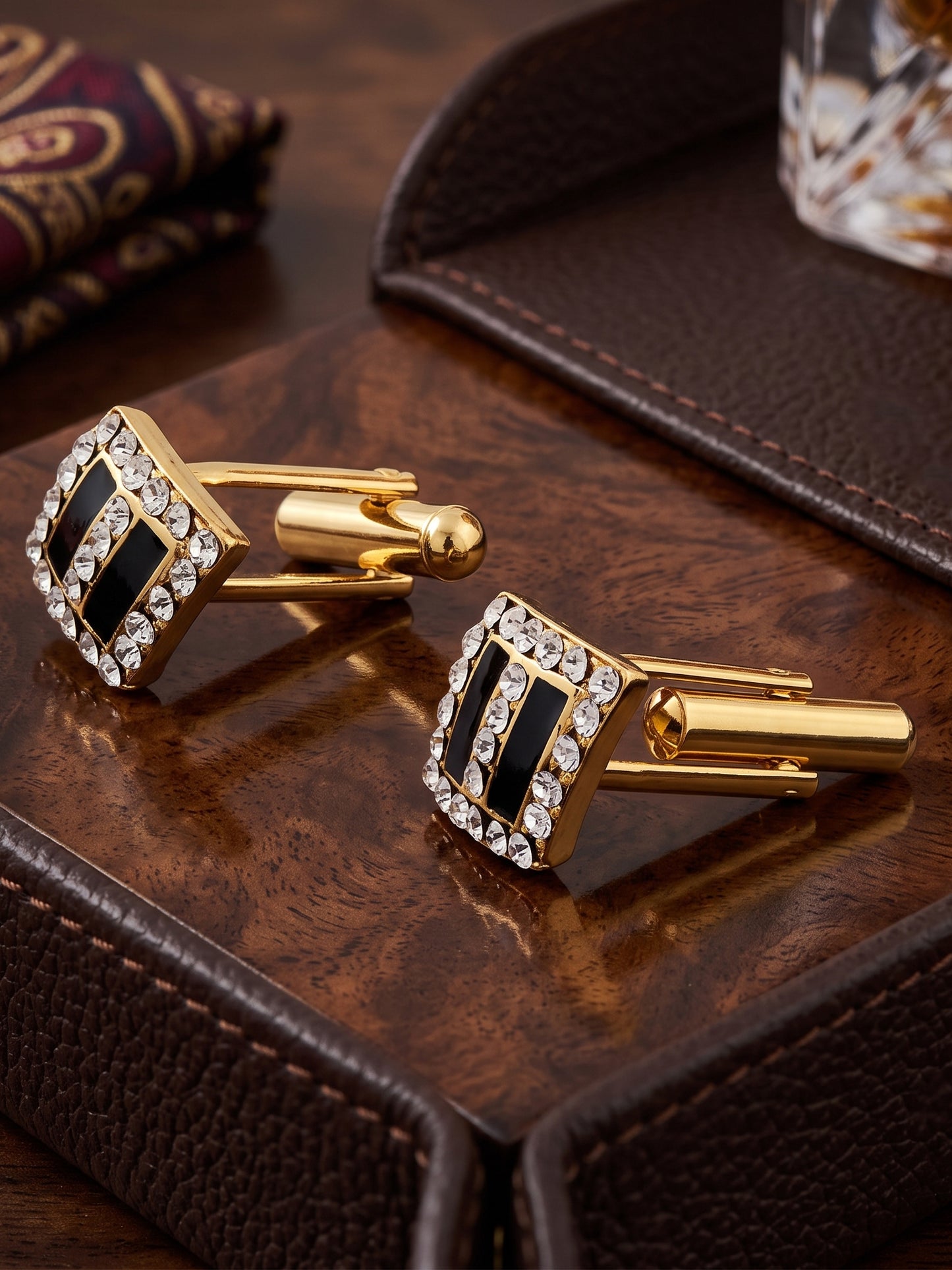 Lucky Jewellery Unique Men Jewelry Stone Gold Plated Black Sleeve Button Formal Cuff Button Wedding Shirt Button, Suit, Blazer Cufflinks with Matching Tie Pin Gift Set for Men (416-M4C5-A5490-W-BL)