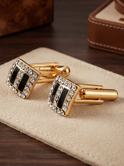 Lucky Jewellery Unique Men Jewelry Black Color in White Stone Gold Plated Sleeve Button Formal Cuff Button Wedding Shirt Button, Suit, Blazer Cufflinks Pair Gift Set for Men (416-M4C54-A5490-W-BL)
