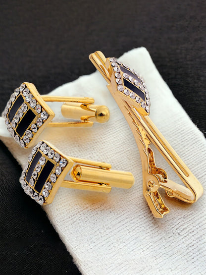Lucky Jewellery Unique Men Jewelry Stone Gold Plated Black Sleeve Button Formal Cuff Button Wedding Shirt Button, Suit, Blazer Cufflinks with Matching Tie Pin Gift Set for Men (416-M4C5-A5490-W-BL)