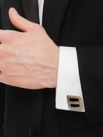 Lucky Jewellery Unique Men Jewelry Black Color in White Stone Gold Plated Sleeve Button Formal Cuff Button Wedding Shirt Button, Suit, Blazer Cufflinks Pair Gift Set for Men (416-M4C54-A5490-W-BL)