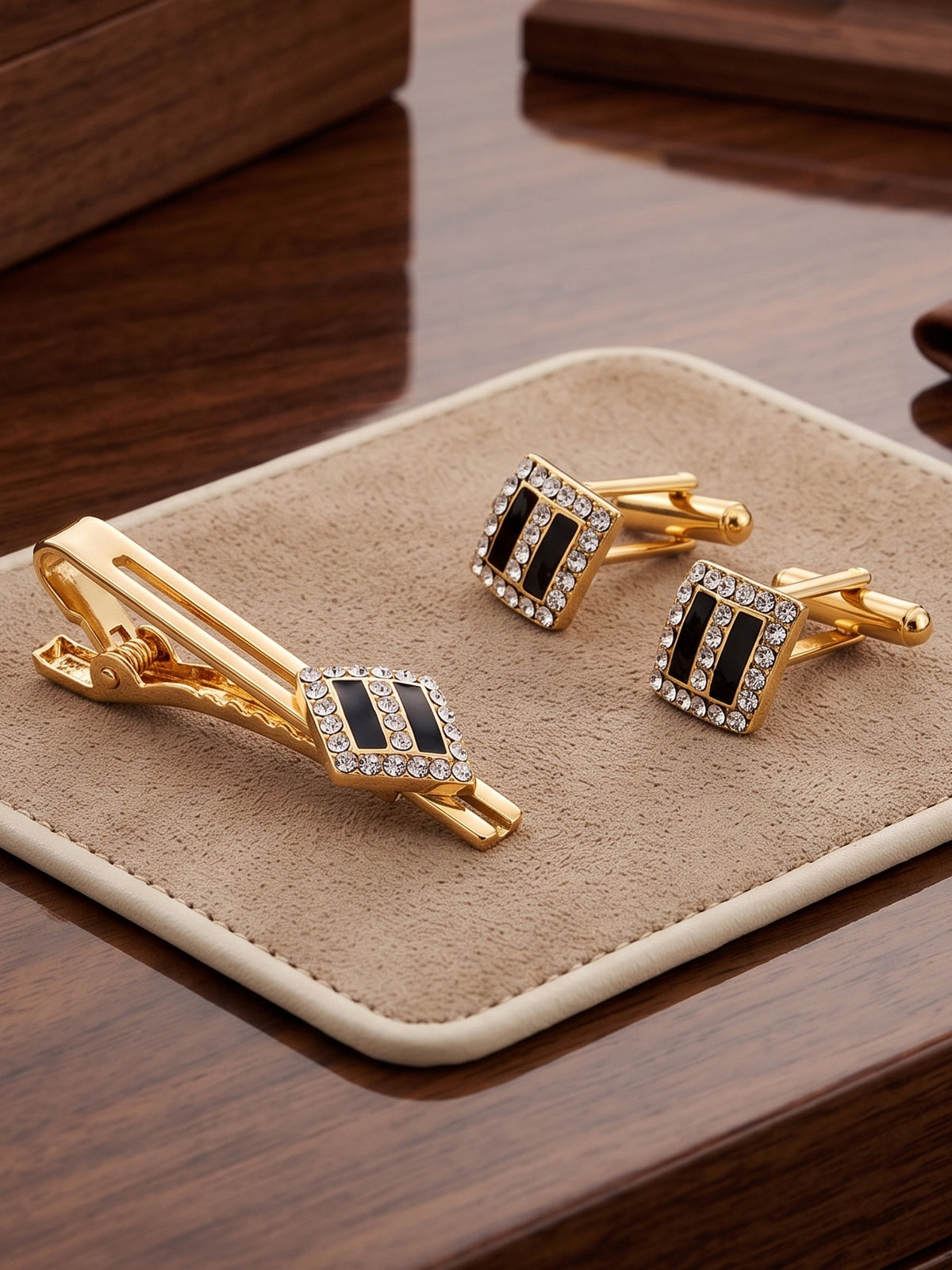 Lucky Jewellery Unique Men Jewelry Stone Gold Plated Black Sleeve Button Formal Cuff Button Wedding Shirt Button, Suit, Blazer Cufflinks with Matching Tie Pin Gift Set for Men (416-M4C5-A5490-W-BL)