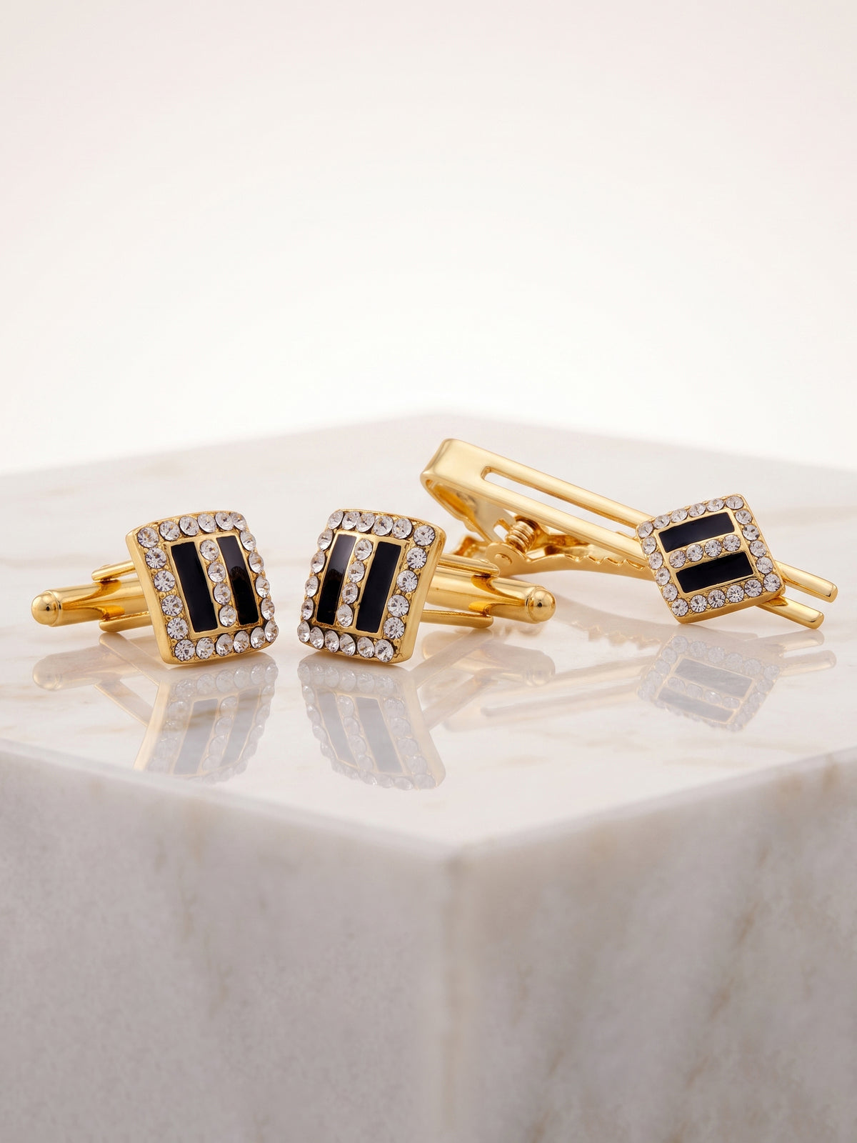 Lucky Jewellery Unique Men Jewelry Stone Gold Plated Black Sleeve Button Formal Cuff Button Wedding Shirt Button, Suit, Blazer Cufflinks with Matching Tie Pin Gift Set for Men (416-M4C5-A5490-W-BL)