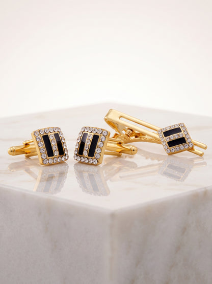 Lucky Jewellery Unique Men Jewelry Stone Gold Plated Black Sleeve Button Formal Cuff Button Wedding Shirt Button, Suit, Blazer Cufflinks with Matching Tie Pin Gift Set for Men (416-M4C5-A5490-W-BL)