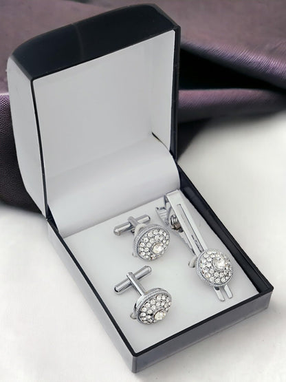 Lucky Jewellery Unique Men Jewelry Stone Silver Plated Black Sleeve Button Formal Cuff Button Wedding Shirt Button, Suit, Blazer Cufflinks with Matching Tie Pin Gift Set For Men (416-M4C5-CRA5281-W-S)