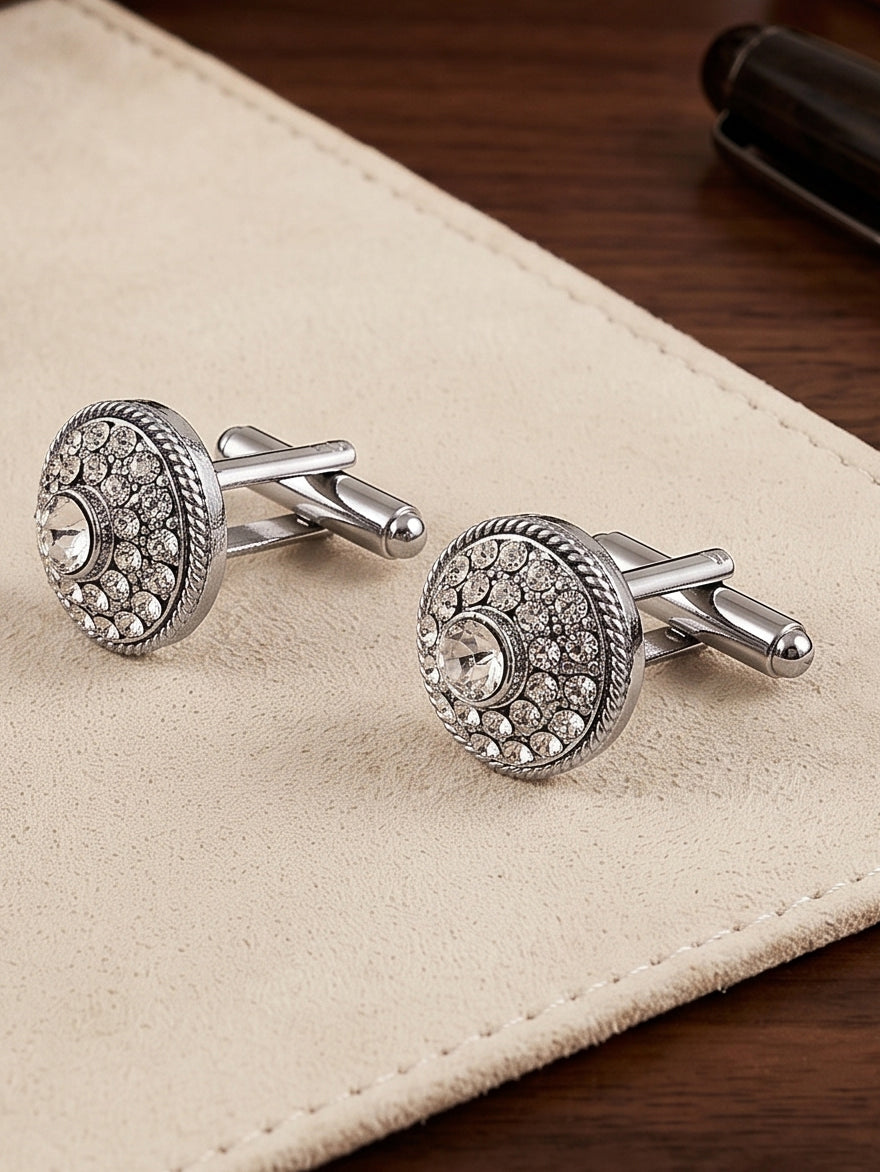 Lucky Jewellery Unique Men Jewelry White Color Stone Silver Plated Sleeve Button Formal Cuff Button Wedding Shirt Button, Suit, Blazer Cufflinks Pair Gift Set for Men (416-M4C54-CRA5281-W-S)