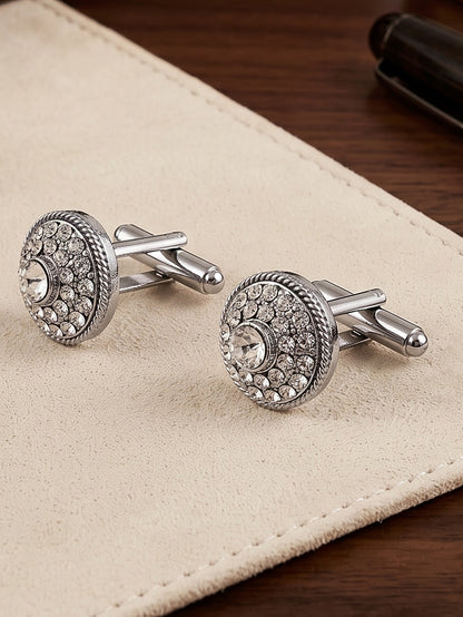 Lucky Jewellery Unique Men Jewelry White Color Stone Silver Plated Sleeve Button Formal Cuff Button Wedding Shirt Button, Suit, Blazer Cufflinks Pair Gift Set for Men (416-M4C54-CRA5281-W-S)