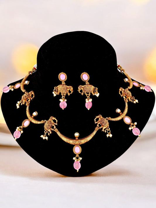 Trendy Gold Plated Jewelry Necklace with Earrings Elephant Design Oxidised Set and Earring Set (426-KSO-14919-PK)