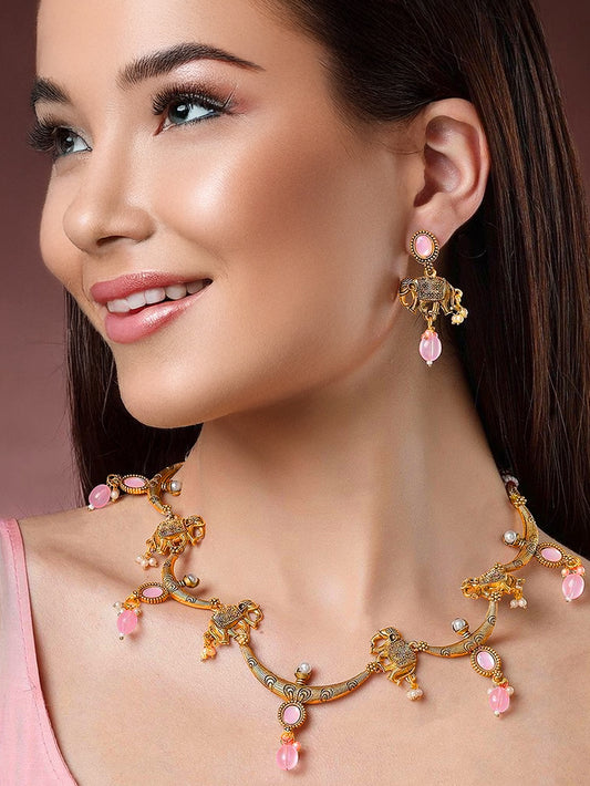 Trendy Gold Plated Jewelry Necklace with Earrings Elephant Design Oxidised Set and Earring Set (426-KSO-14919-PK)