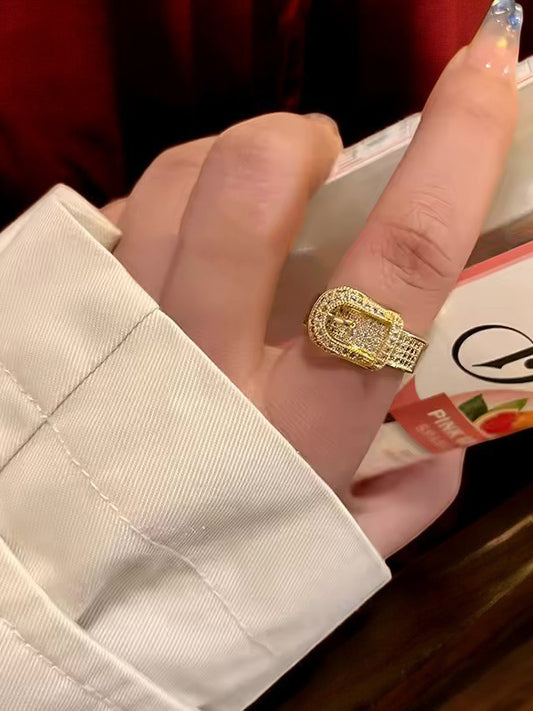 18K Gold-Plated Open Adjustable Finger Rings | Trendy Belt Buckle Design Unisex Ring (435-CHFA-1031)