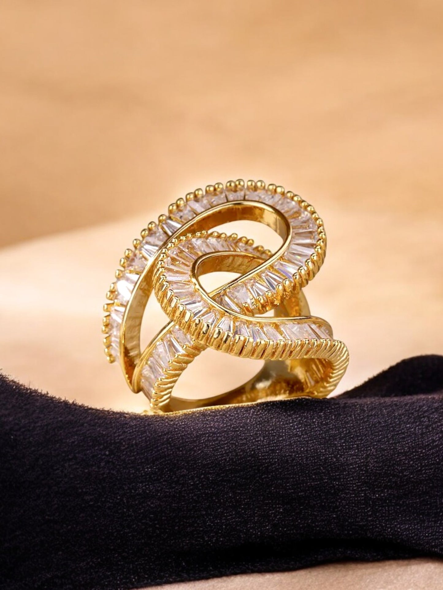18K Gold-Plated Adjustable Finger Rings | Trendy Twisted Stackable Statement Ring with Stones (435-CHFA-1034)