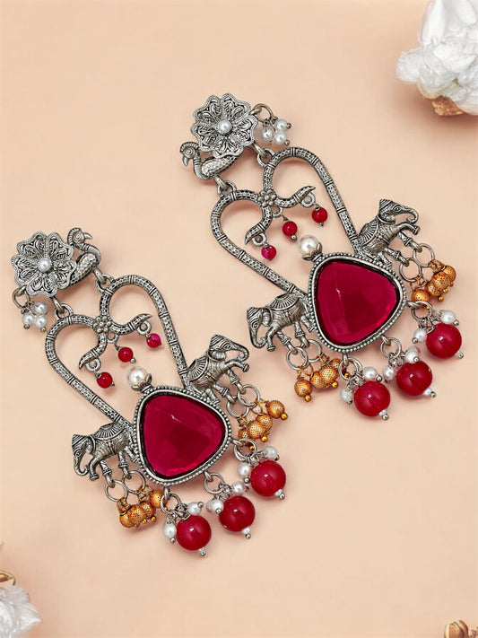 Trendy Celebrity Inspired Oxidised Silver Magenta Earring For Girls & Women|Black Metal Earing Set