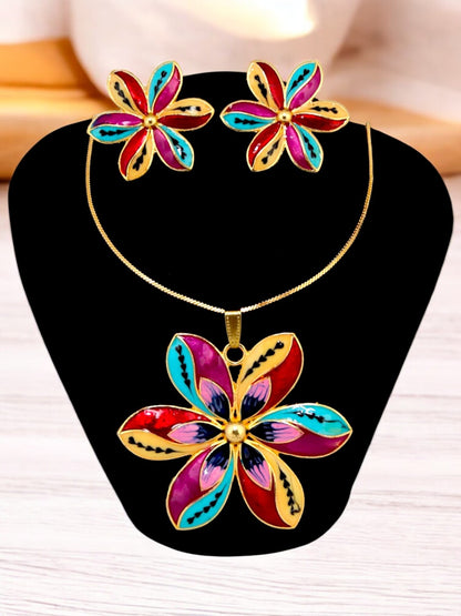 18K Gold-Plated Locket Chain with Earrings Meenakari Pendant Set (437-M7L1G-2068-MT)