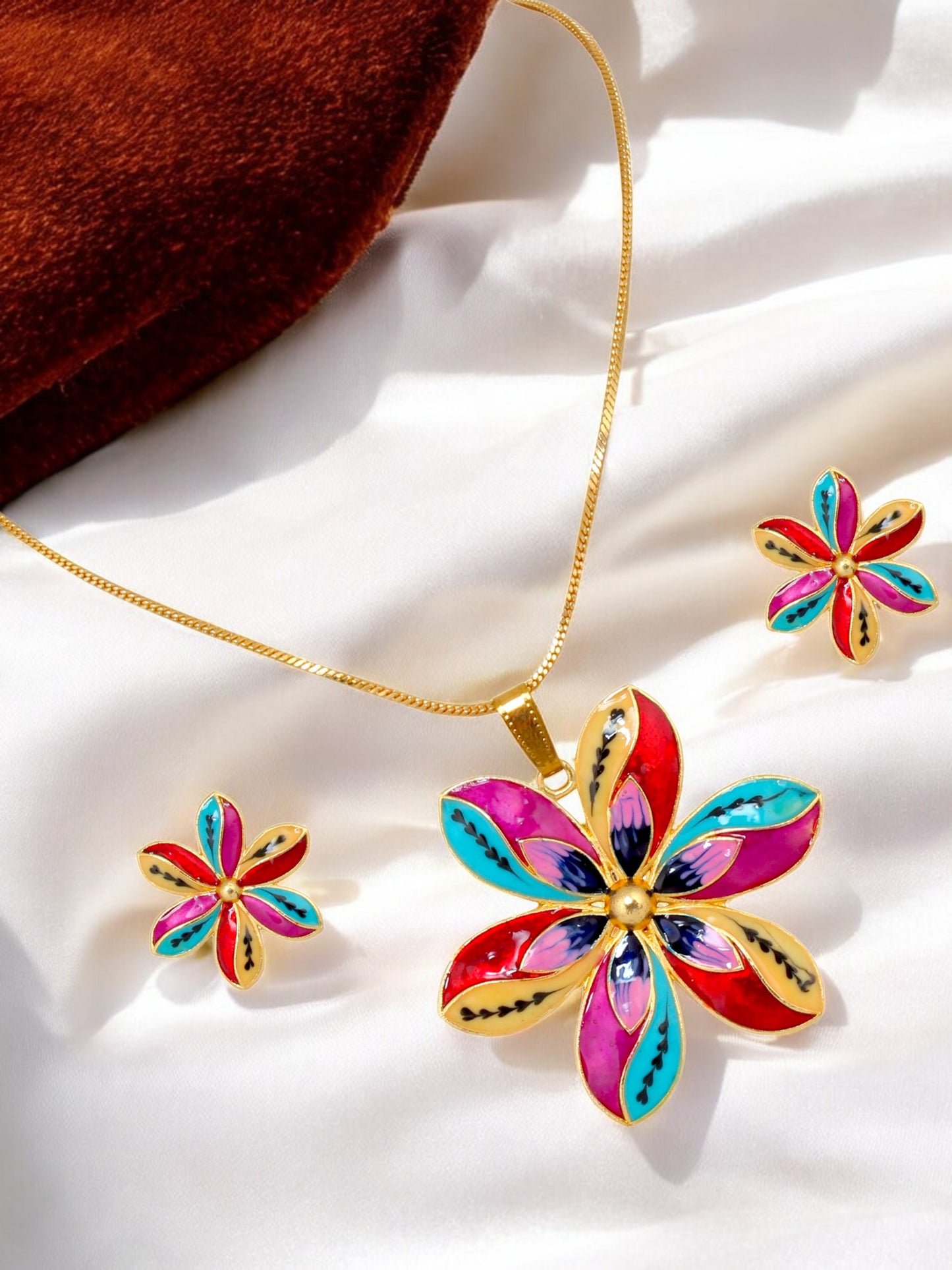 18K Gold-Plated Locket Chain with Earrings Meenakari Pendant Set (437-M7L1G-2068-MT)