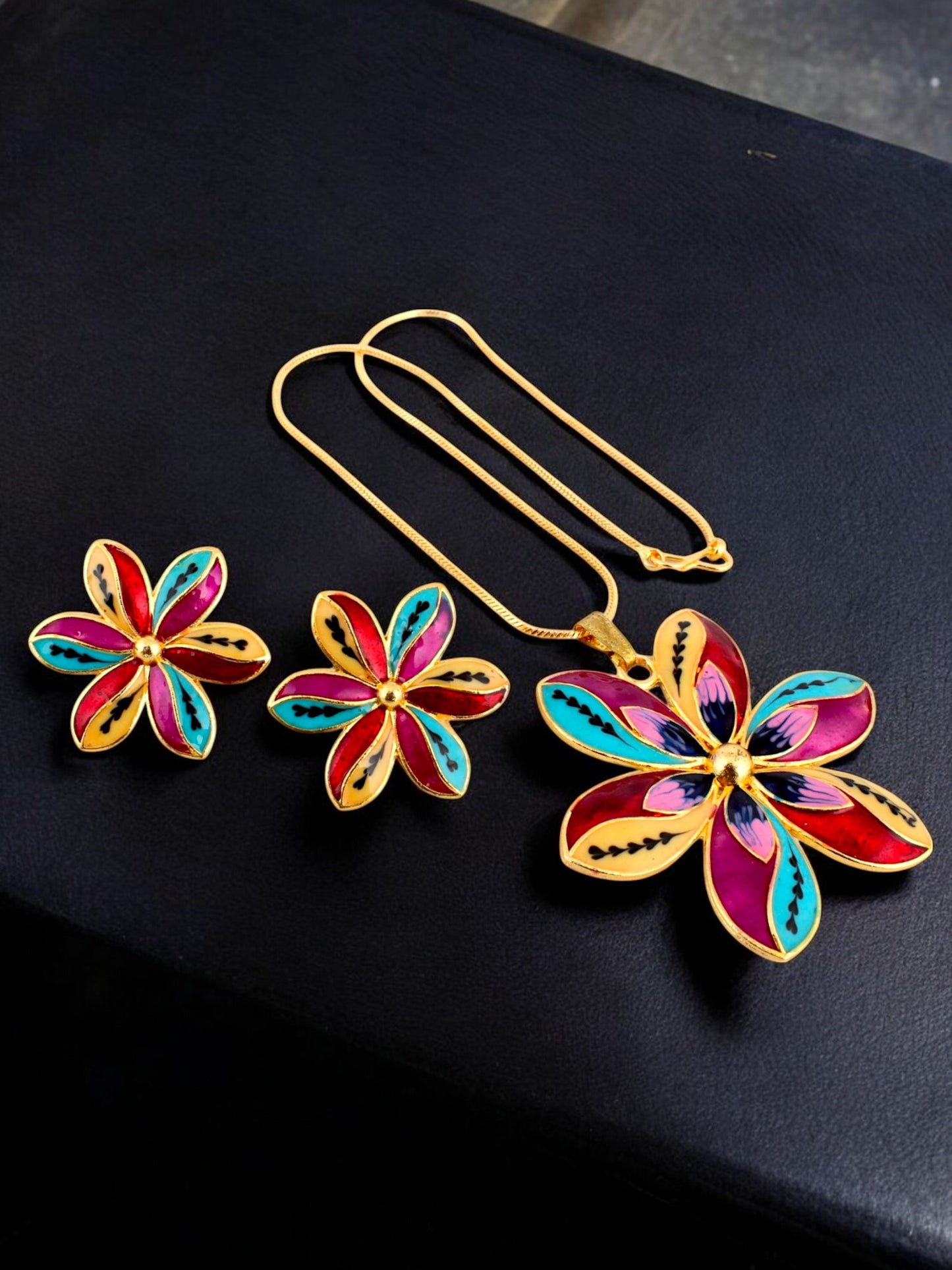 18K Gold-Plated Locket Chain with Earrings Meenakari Pendant Set (437-M7L1G-2068-MT)