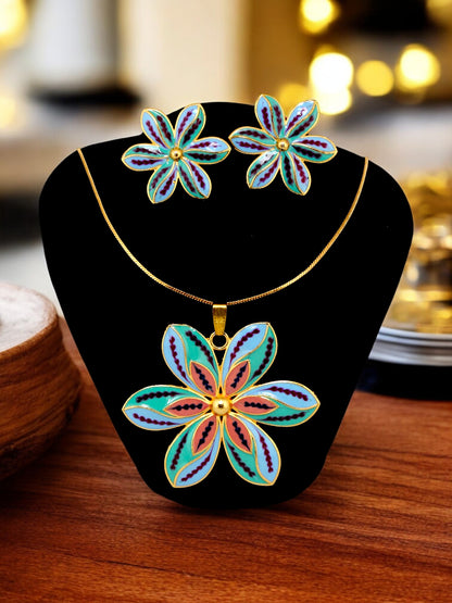 18K Gold-Plated Locket Chain with Earrings Meenakari Pendant Set (437-M7L1G-2068-PKF)