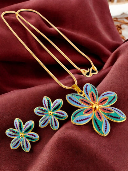 18K Gold-Plated Locket Chain with Earrings Meenakari Pendant Set (437-M7L1G-2068-PKF)