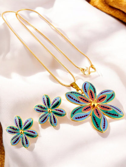 18K Gold-Plated Locket Chain with Earrings Meenakari Pendant Set (437-M7L1G-2068-PKF)