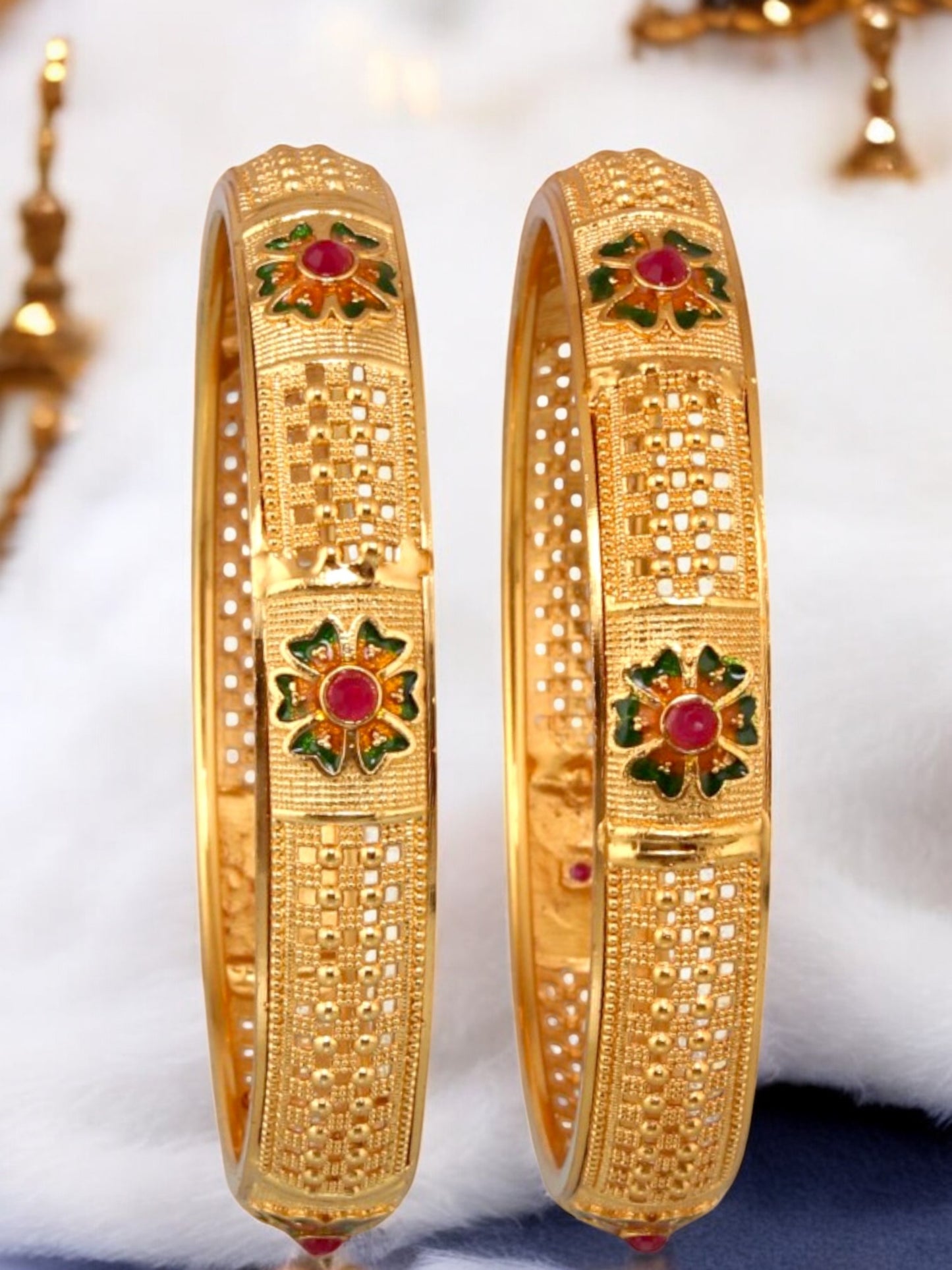 18k One Gram Gold Plated Traditional Designer Pack of 2 Bangle Set For Women
