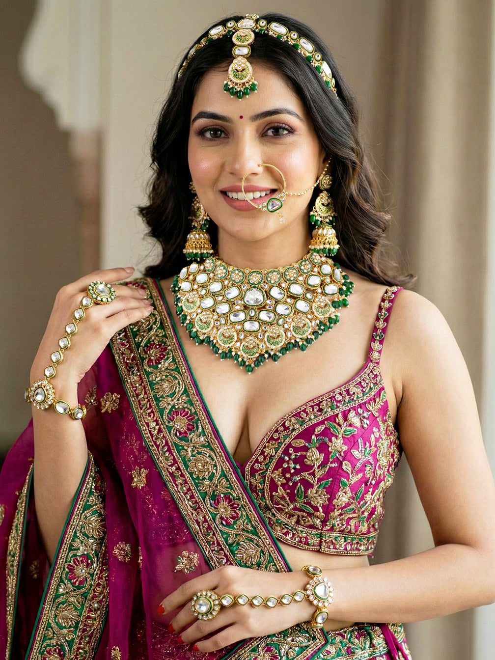 LUCKY JEWELLERY Gold Plated Kundan Green Beads Bridal Jewellery Set Traditional Designer  Statement Set (4554-IZS-0003-G)