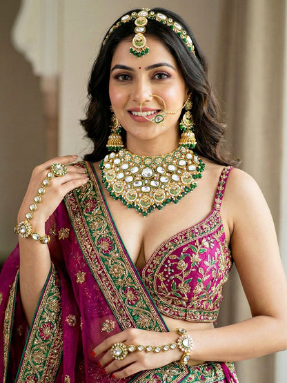 LUCKY JEWELLERY Gold Plated Kundan Green Beads Bridal Jewellery Set Traditional Designer  Statement Set (4554-IZS-0003-G)