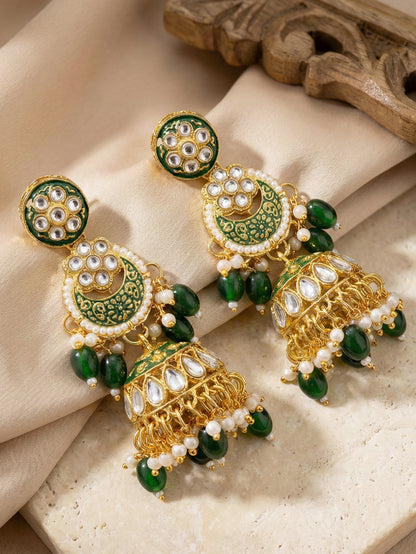LUCKY JEWELLERY Gold Plated Kundan Green Beads Bridal Jewellery Set Traditional Designer  Statement Set (4554-IZS-0003-G)