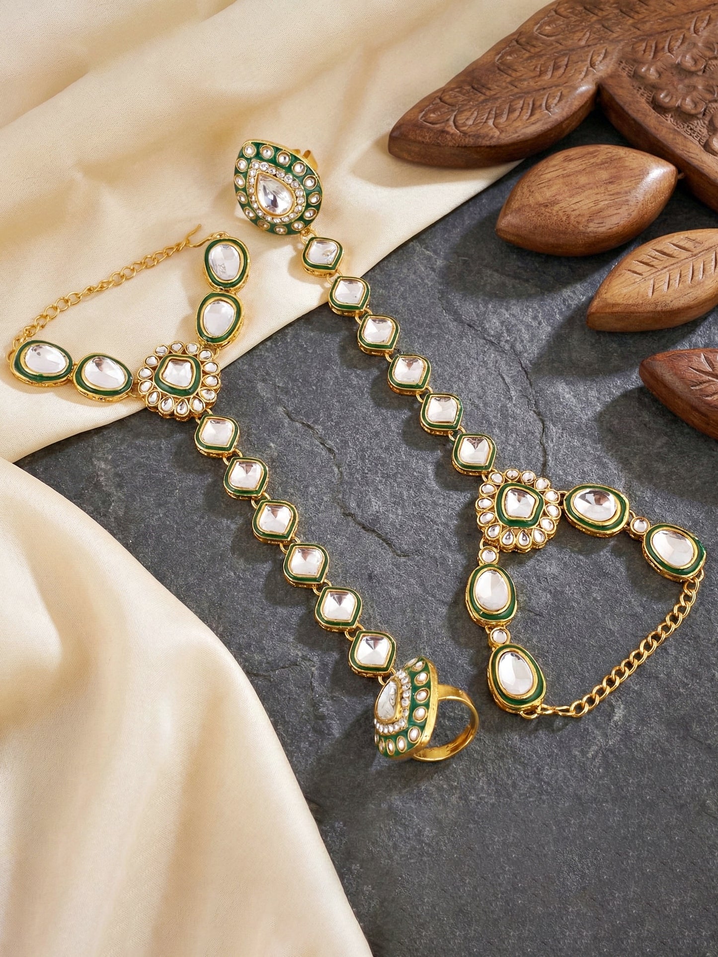 LUCKY JEWELLERY Gold Plated Kundan Green Beads Bridal Jewellery Set Traditional Designer  Statement Set (4554-IZS-0003-G)