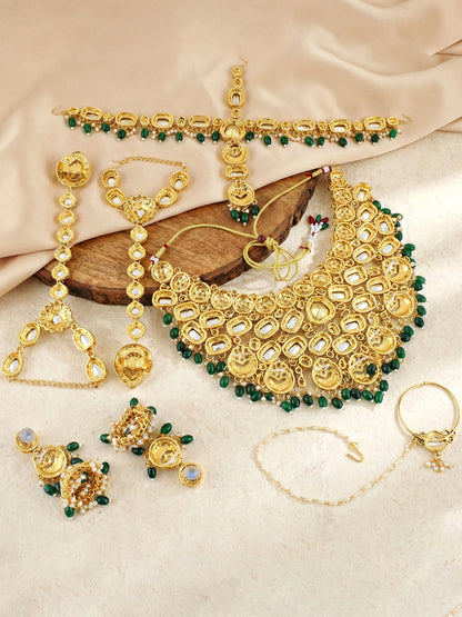 LUCKY JEWELLERY Gold Plated Kundan Green Beads Bridal Jewellery Set Traditional Designer  Statement Set (4554-IZS-0003-G)
