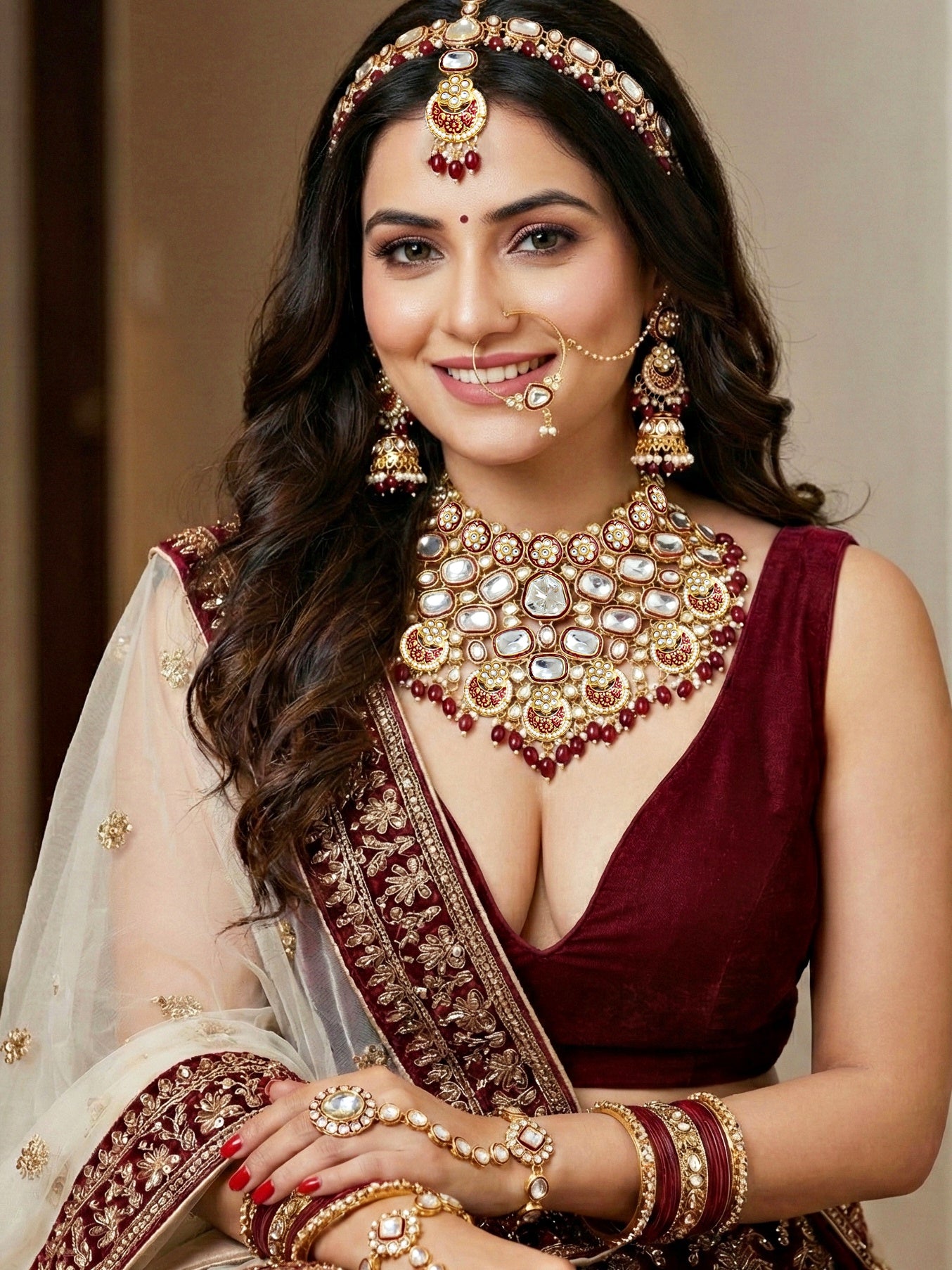 LUCKY JEWELLERY Gold Plated Kundan Maroon Beads Bridal Jewellery Set Traditional Designer  Statement Set (4554-IZS-0003-M)