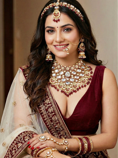 LUCKY JEWELLERY Gold Plated Kundan Maroon Beads Bridal Jewellery Set Traditional Designer  Statement Set (4554-IZS-0003-M)