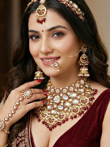 LUCKY JEWELLERY Gold Plated Kundan Maroon Beads Bridal Jewellery Set Traditional Designer  Statement Set (4554-IZS-0003-M)