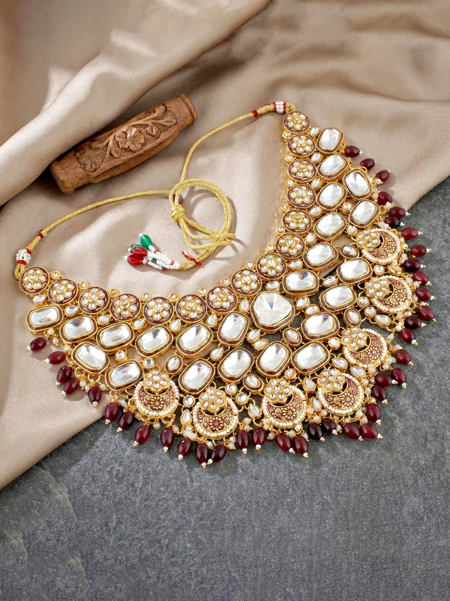 LUCKY JEWELLERY Gold Plated Kundan Maroon Beads Bridal Jewellery Set Traditional Designer  Statement Set (4554-IZS-0003-M)