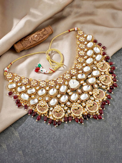 LUCKY JEWELLERY Gold Plated Kundan Maroon Beads Bridal Jewellery Set Traditional Designer  Statement Set (4554-IZS-0003-M)