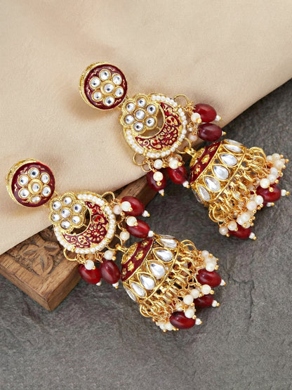 LUCKY JEWELLERY Gold Plated Kundan Maroon Beads Bridal Jewellery Set Traditional Designer  Statement Set (4554-IZS-0003-M)