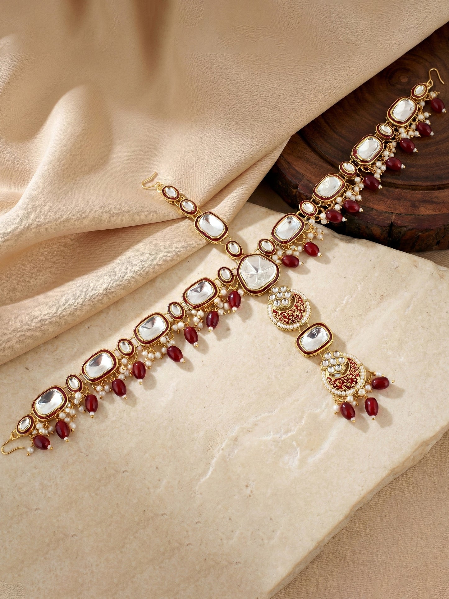 LUCKY JEWELLERY Gold Plated Kundan Maroon Beads Bridal Jewellery Set Traditional Designer  Statement Set (4554-IZS-0003-M)