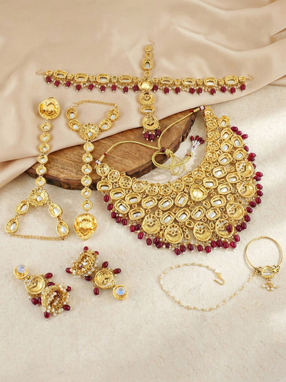 LUCKY JEWELLERY Gold Plated Kundan Maroon Beads Bridal Jewellery Set Traditional Designer  Statement Set (4554-IZS-0003-M)