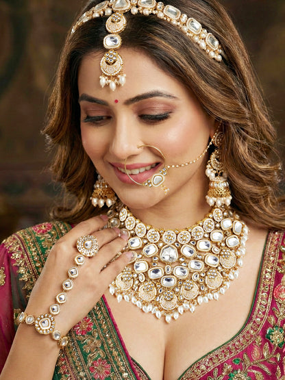 LUCKY JEWELLERY Gold Plated Kundan White Beads Bridal Jewellery Set Traditional Designer  Statement Set (4554-IZS-0003-W)