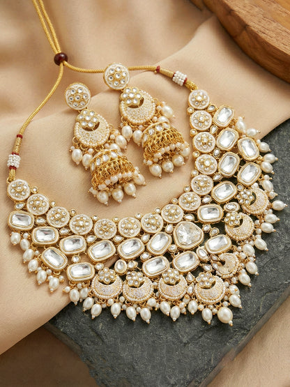 LUCKY JEWELLERY Gold Plated Kundan White Beads Bridal Jewellery Set Traditional Designer  Statement Set (4554-IZS-0003-W)