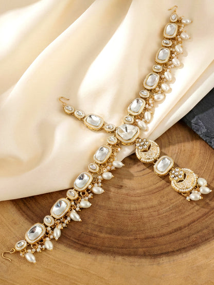 LUCKY JEWELLERY Gold Plated Kundan White Beads Bridal Jewellery Set Traditional Designer  Statement Set (4554-IZS-0003-W)